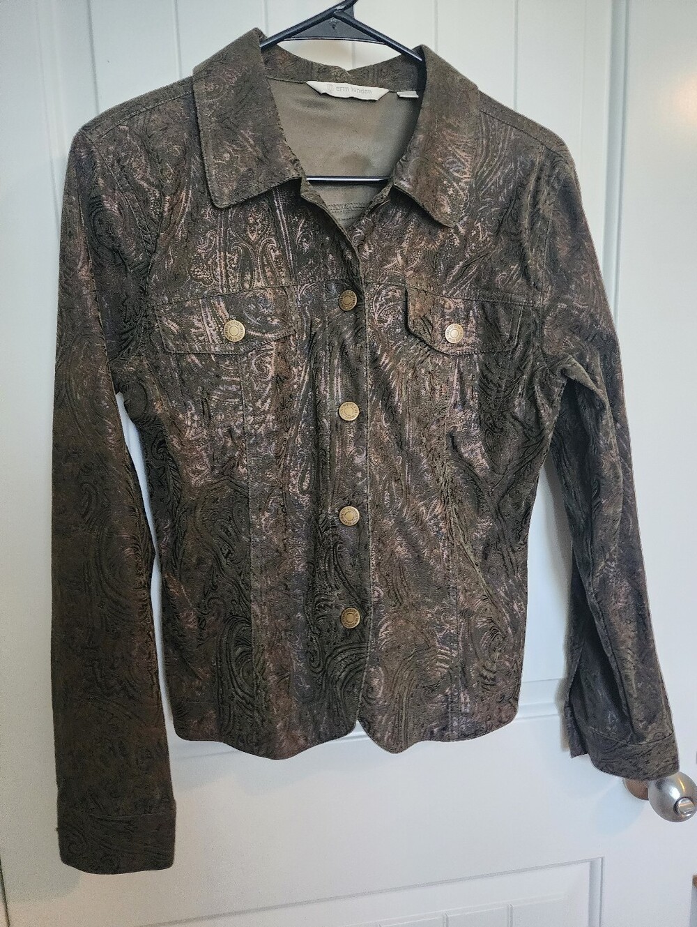 Erin London Olive Paisley-Texture Button Jean Inspired Jacket